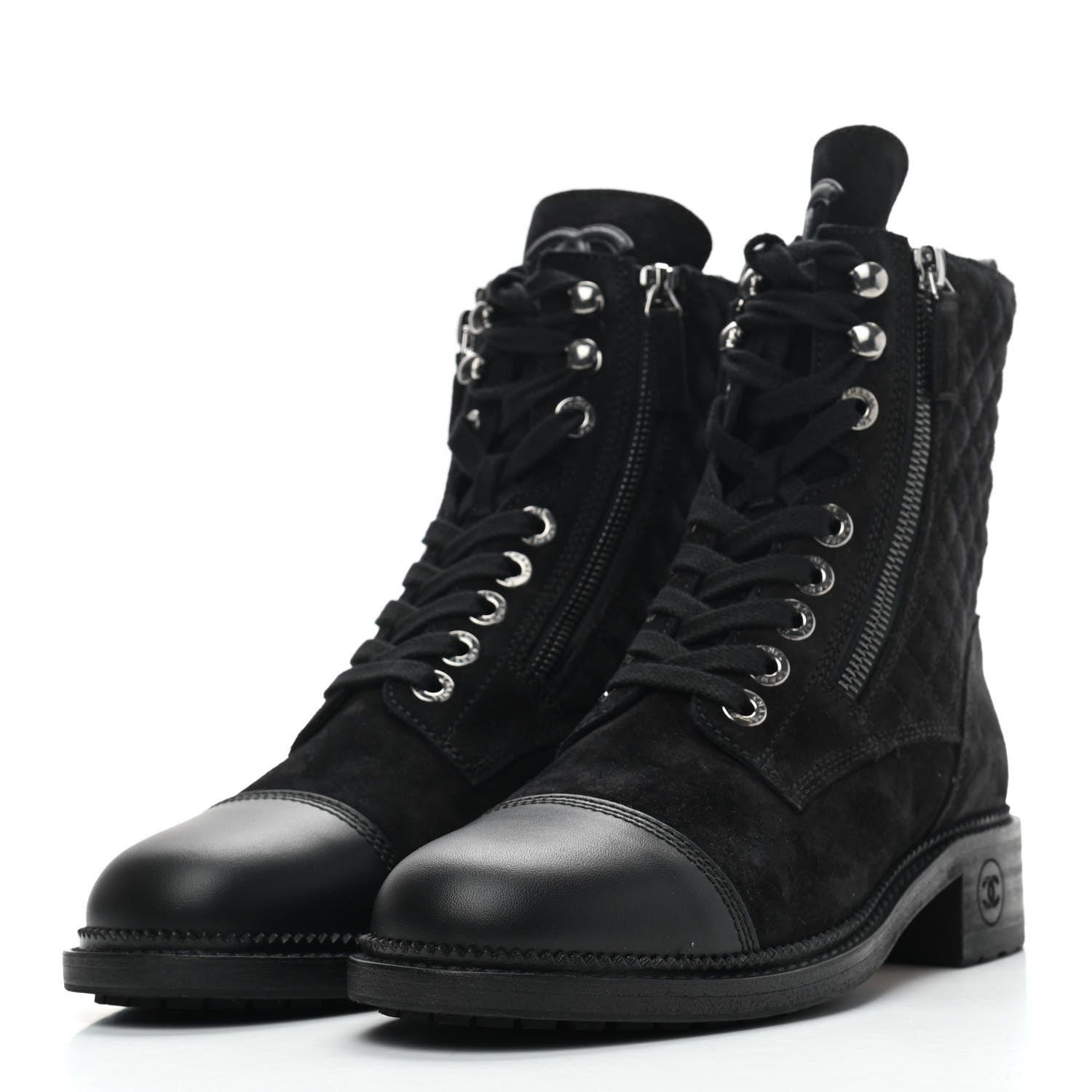Chanel Suede Quilted CC Lace Up Combat Boots 37.5 Black 3 of 8