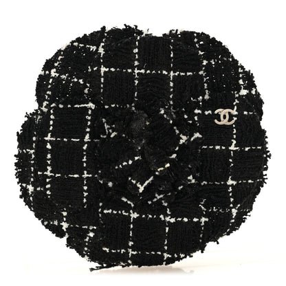 Chanel Tweed Camellia Pin Brooch Black White 1 of 3