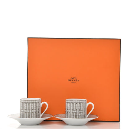 Hermes Porcelain Mosaique Au 24 Platine Tea Cup And Saucer Set Of 2 Platinum 9 of 9