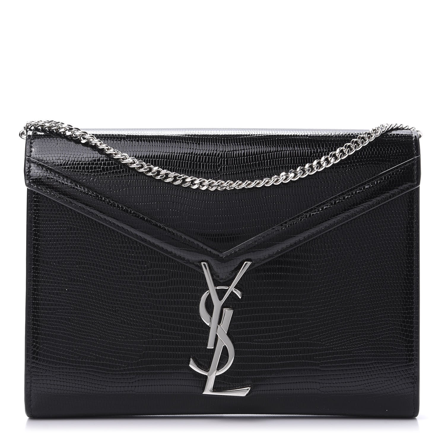 Saint Laurent Calfskin Lizard Embossed Monogram Cassandra Chain Wallet Black 1 of 9