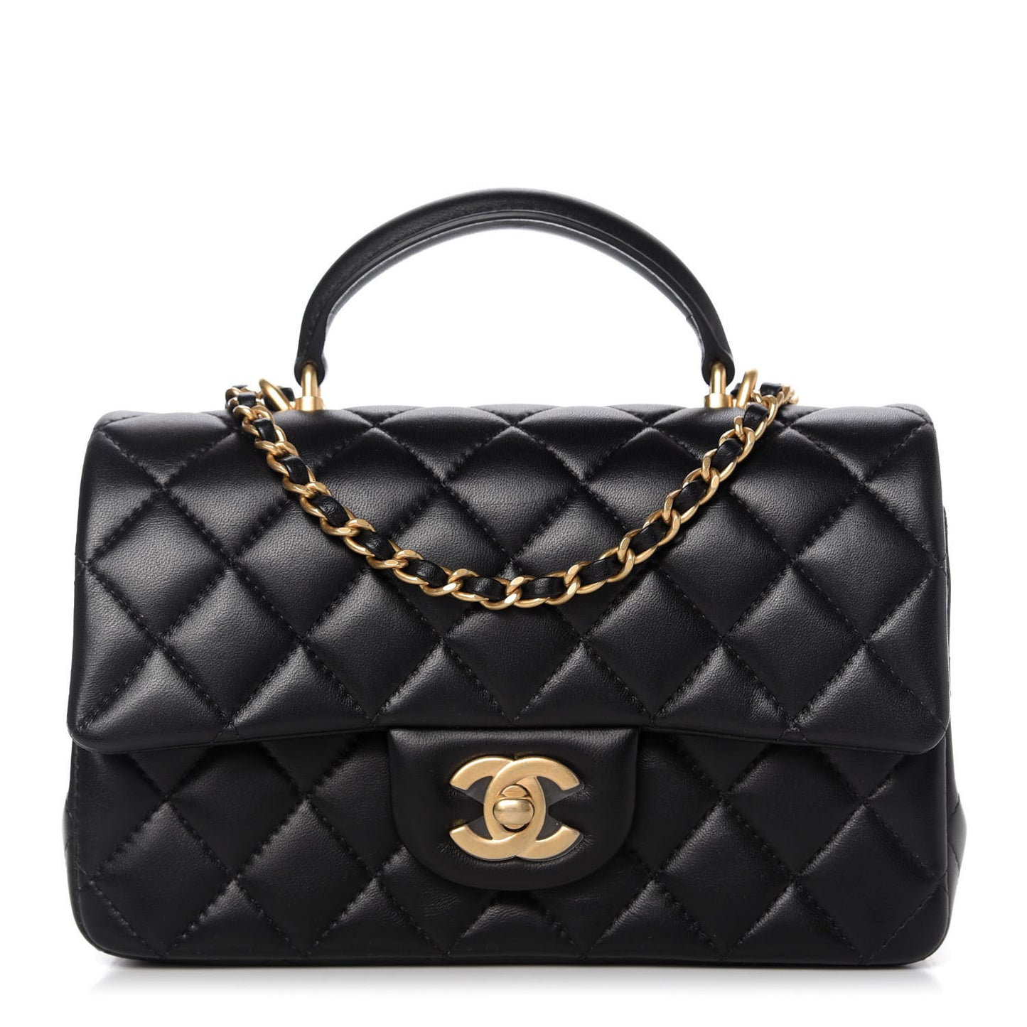 Lambskin Quilted Mini Top Handle Rectangular Flap Black
