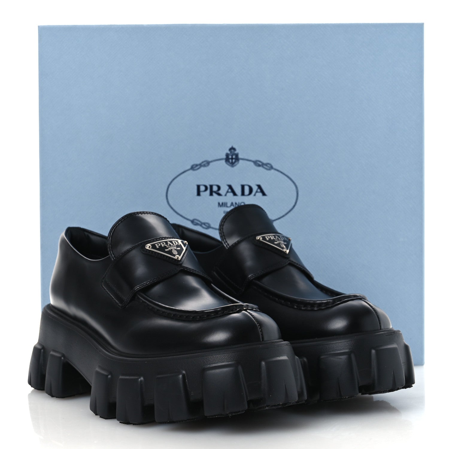 Prada Spazzolato Rois Metal Triangle Logo Monolith 55mm Loafers 39 Black 11 of 11