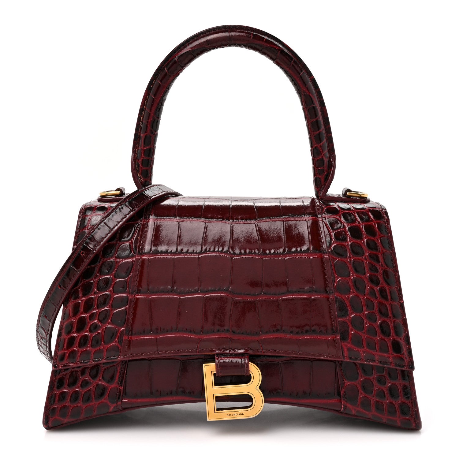Balenciaga Shiny Calfskin Crocodile Embossed Small Hourglass Top Handle Bag Dark Red 1 of 16