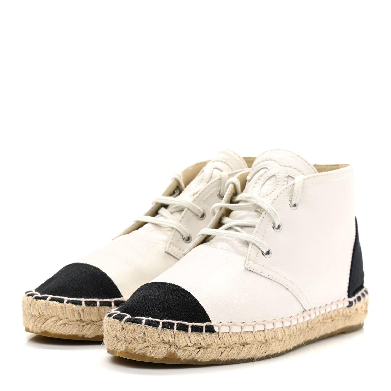 Chanel Lambskin Cap Toe Lace Up Espadrilles 37 White Black 3 of 12
