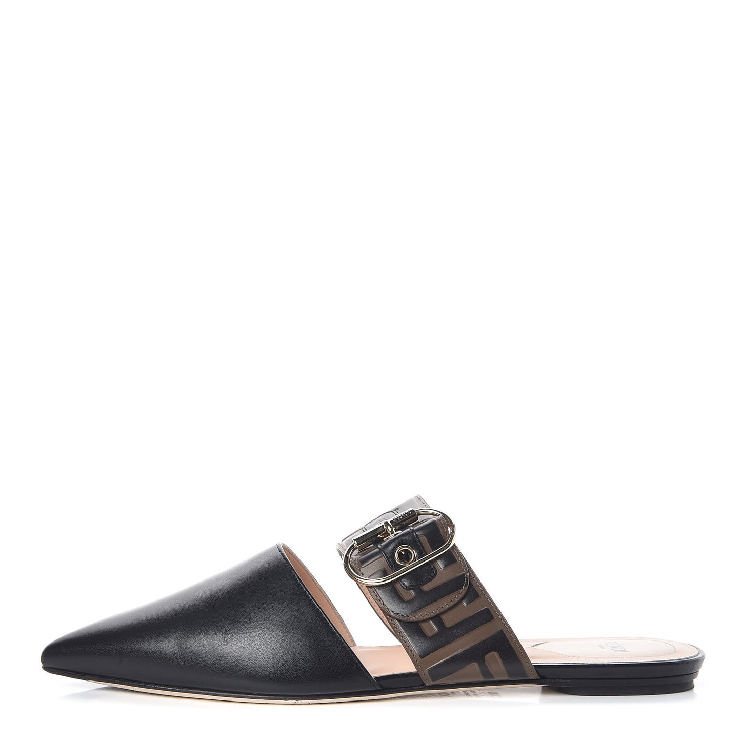 Vitello FF Embossed Buckle Flat Mules 38.5 Maya Black