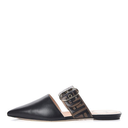 Fendi Vitello FF Embossed Buckle Flat Mules 38.5 Maya Black 1 of 10