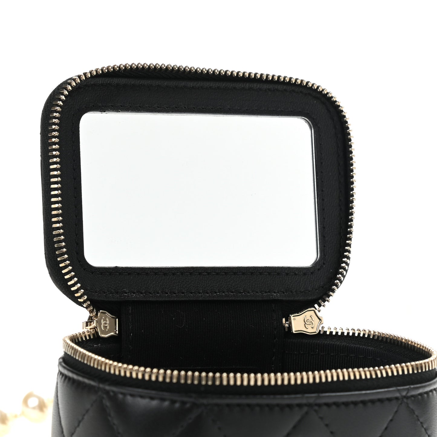Lambskin Quilted Mini Vanity Case With Pearl Chain Black