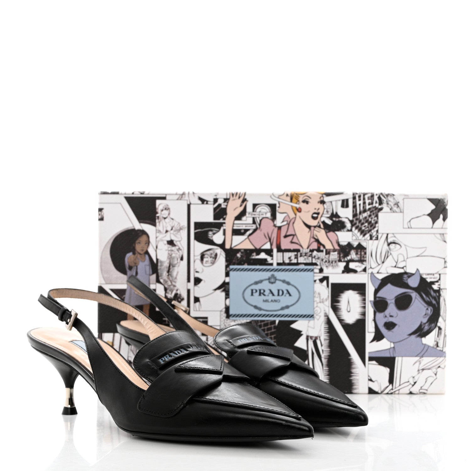 Prada Nappa Triangle Logo Pointed Toe Slingback Pumps 39 Black 12 of 12