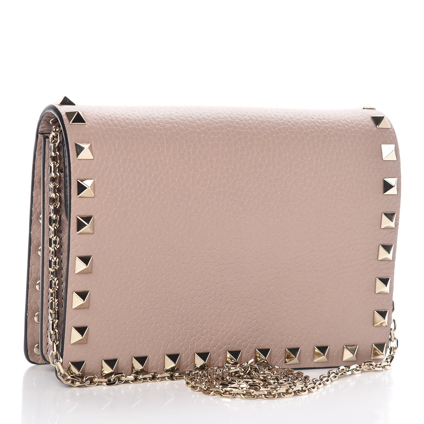Pebbled Calfskin Rockstud Wallet on Chain Poudre