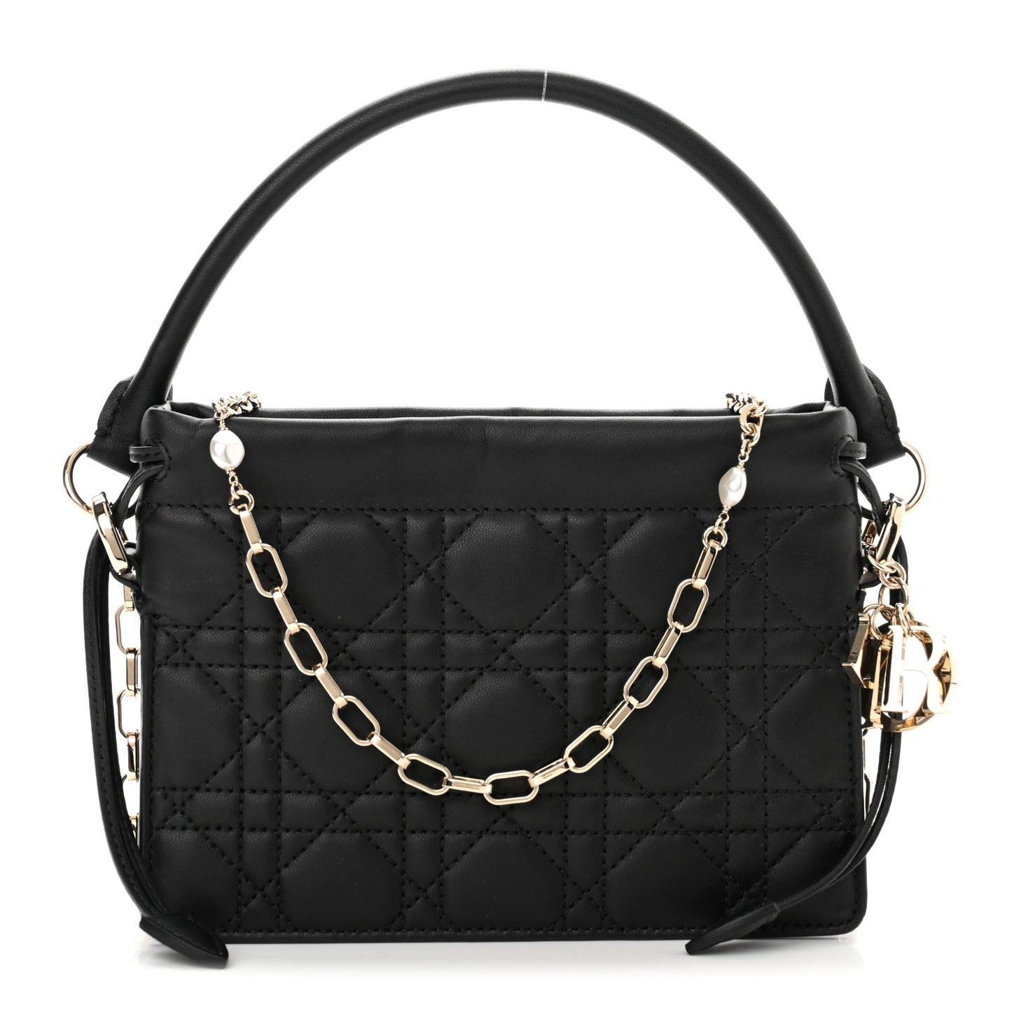 Lambskin Cannage Mini Top Handle Drawstring Bag Black