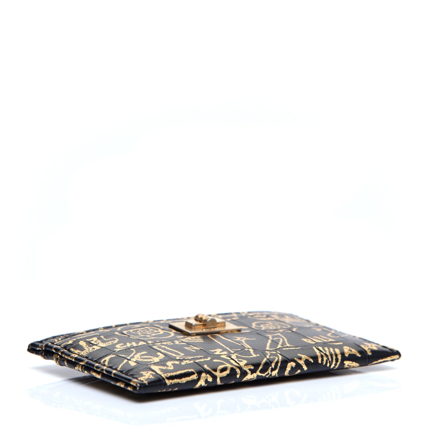 Calfskin Crocodile Embossed Graffiti 2.55 Cocodile Reissue Card Holder Black Gold