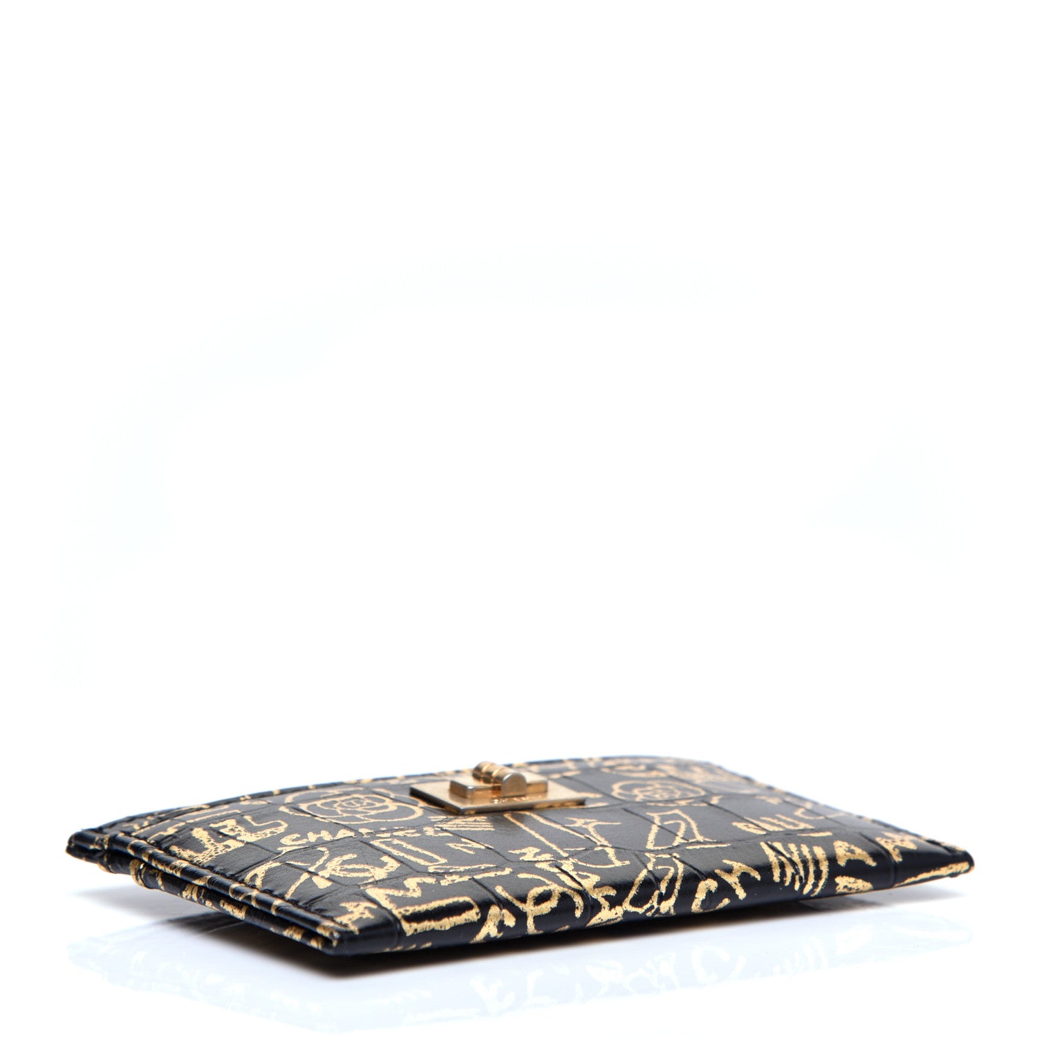 Chanel Calfskin Crocodile Embossed Graffiti 2.55 Cocodile Reissue Card Holder Black Gold 4 of 8
