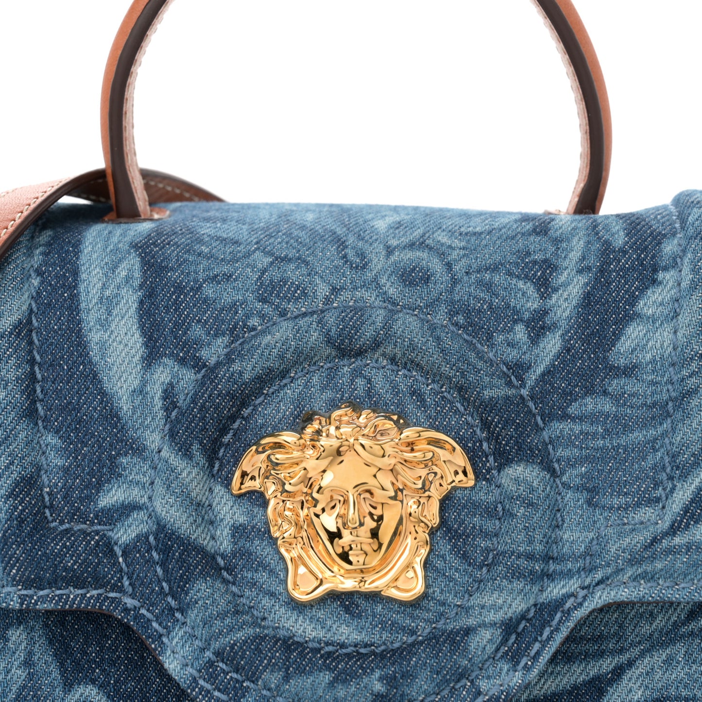 Denim Barocco Small La Medusa Chain Top Handle Handbag Blue Camel