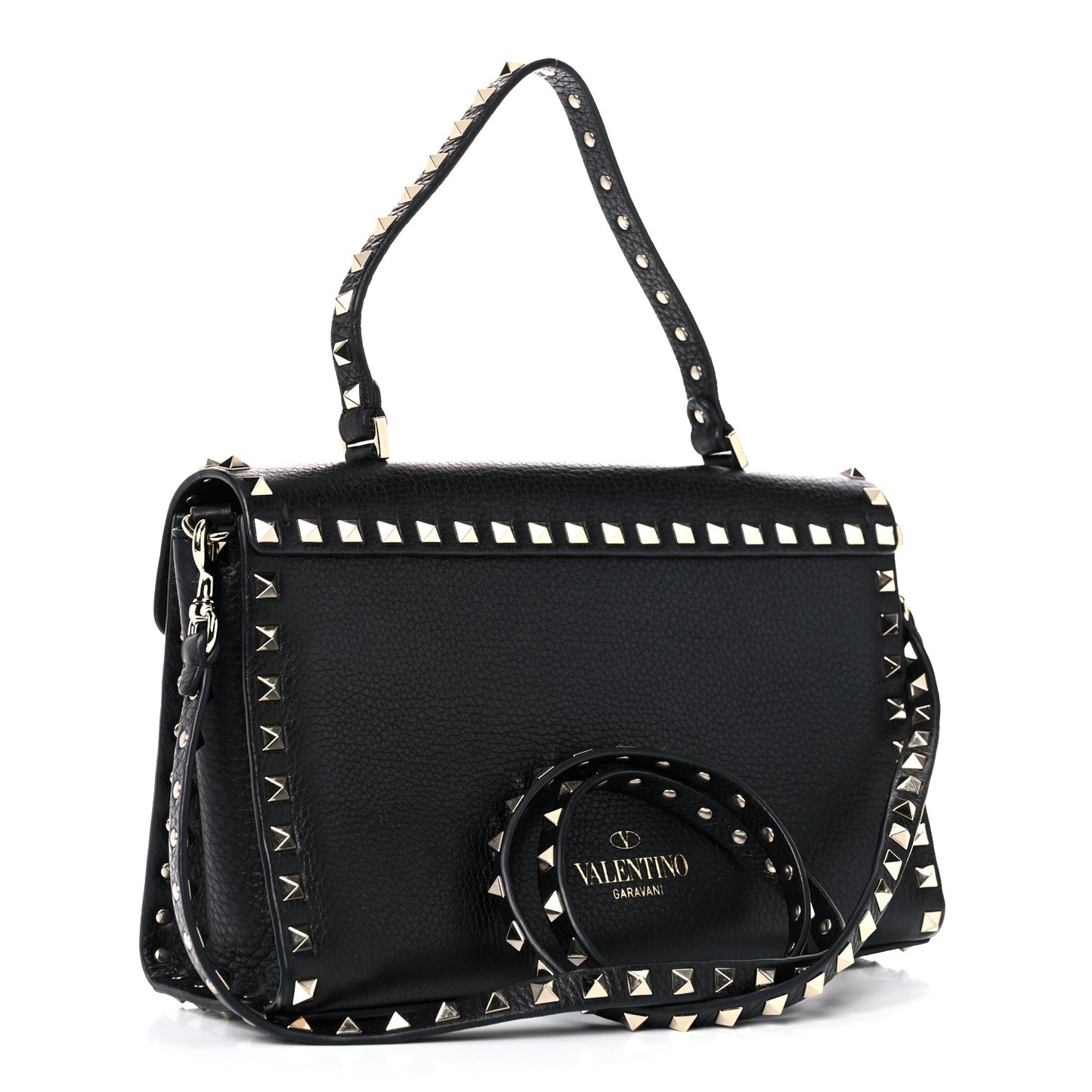 Pebbled Calfskin Small Rockstud Single Handle Flap Bag Black