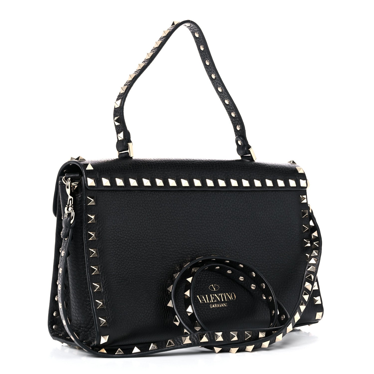 Valentino Garavani Pebbled Calfskin Small Rockstud Single Handle Flap Bag Black 3 of 15