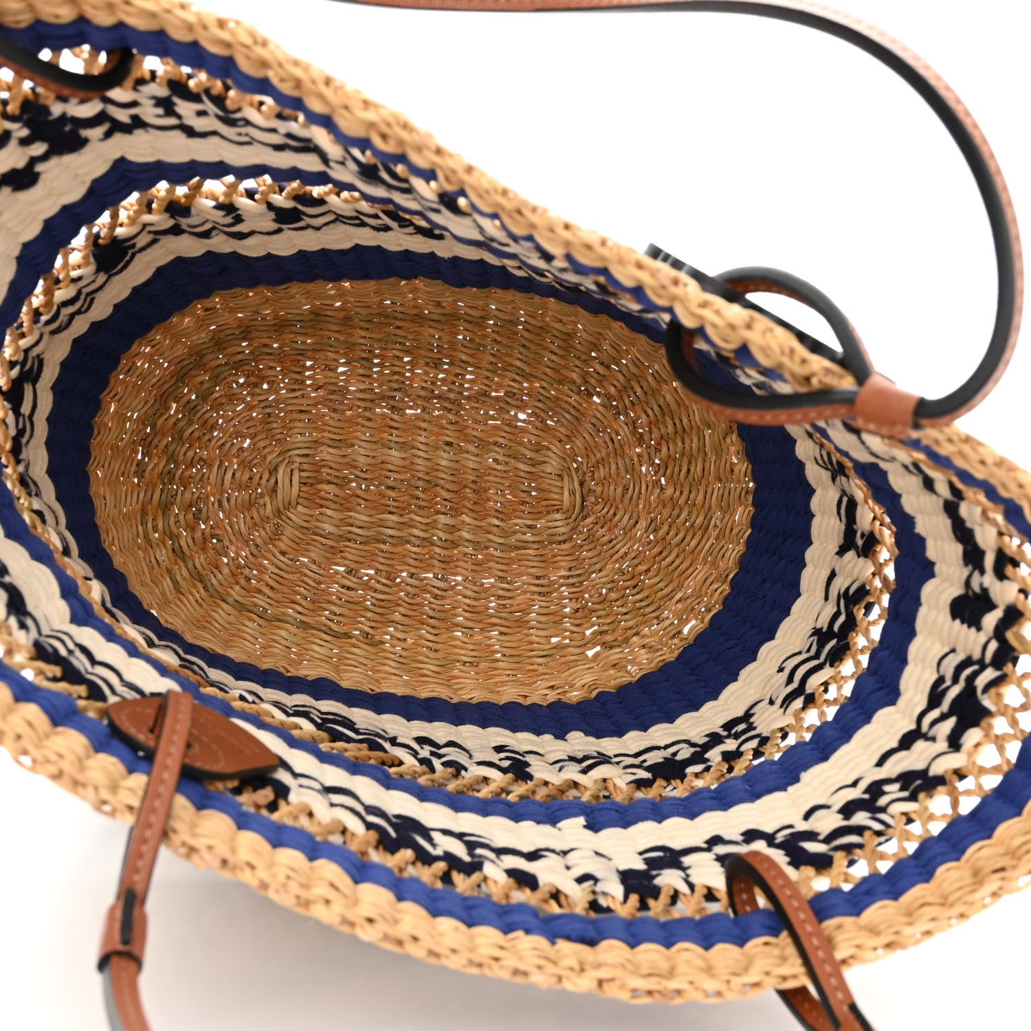Loewe Elephant Grass Fabric Calfskin Woven Basket Tote Natural Blue 5 of 10