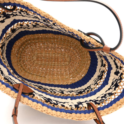 Loewe Elephant Grass Fabric Calfskin Woven Basket Tote Natural Blue 5 of 10