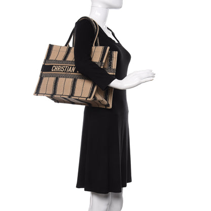 Christian Dior Canvas Embroidered Medium Bayadere Book Tote Black Beige 2 of 13