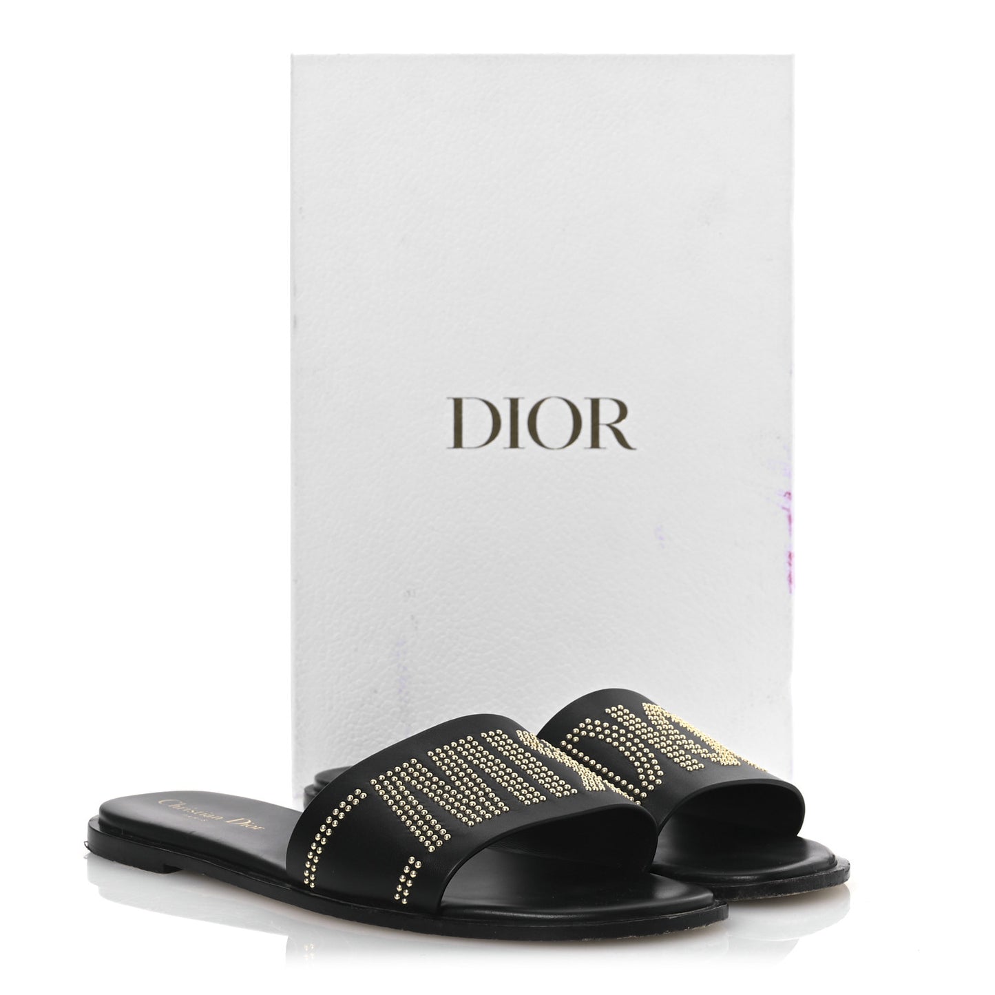 Calfskin Studded Dway Slide Sandals 39.5 Black