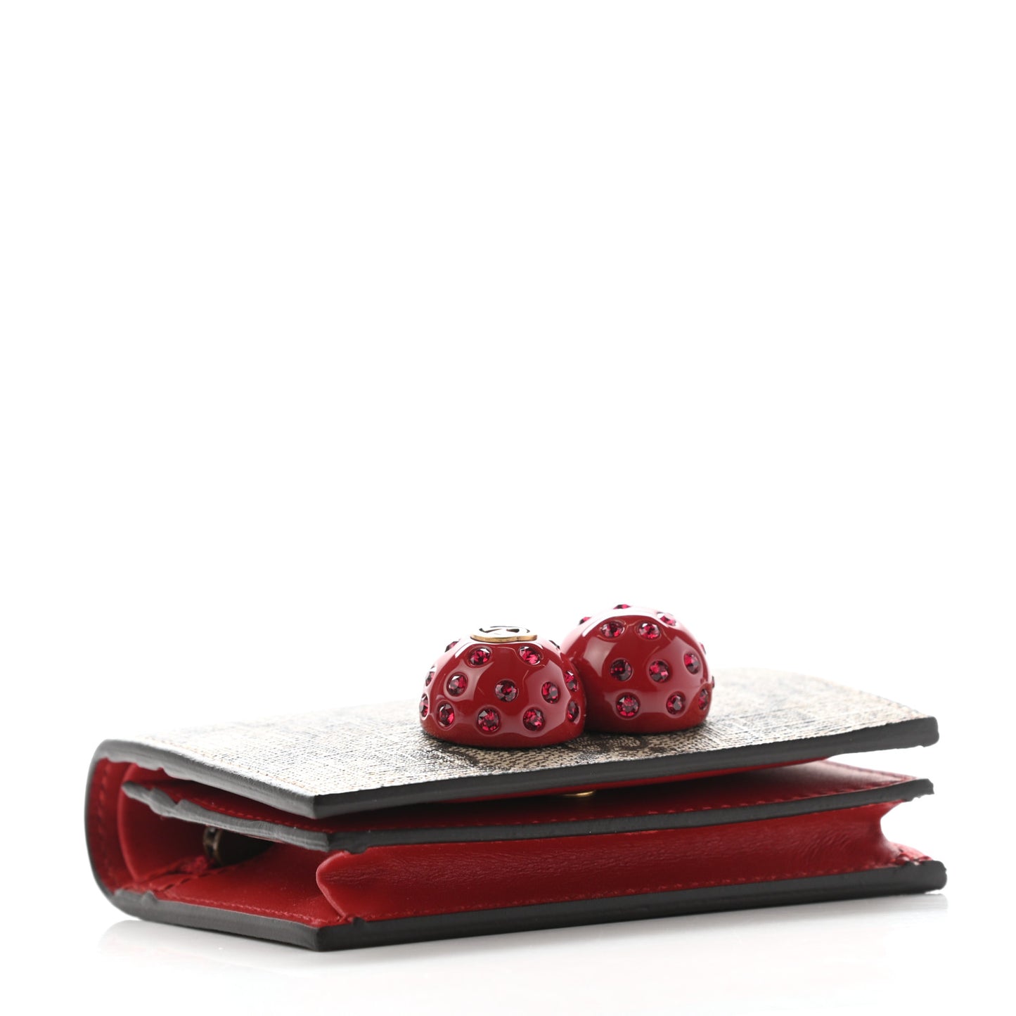 GG Supreme Monogram Cherry Embellished Card Case Wallet Hibiscus Red