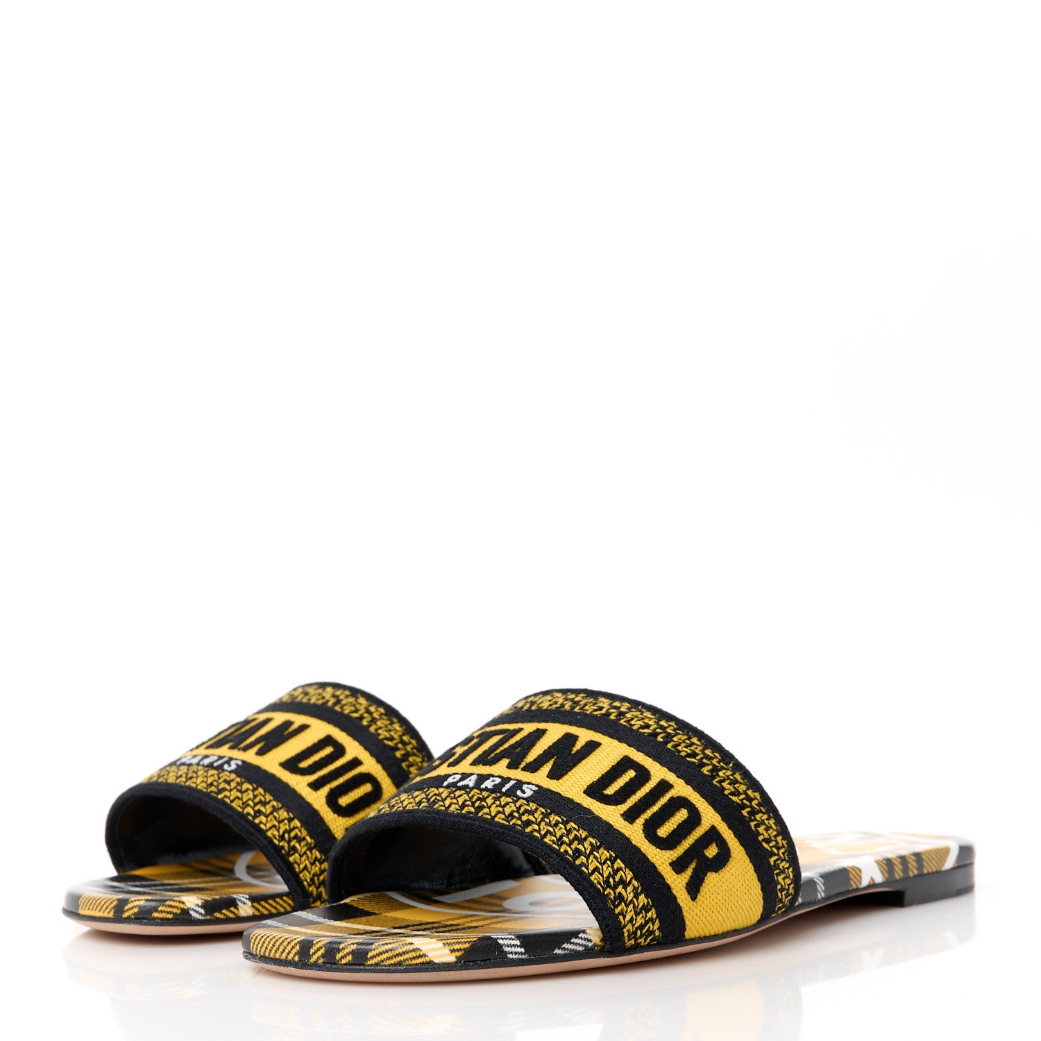 Christian Dior Canvas Union Check Embroidered Dway Flat Slide Sandals 37.5 Black Yellow 3 of 9
