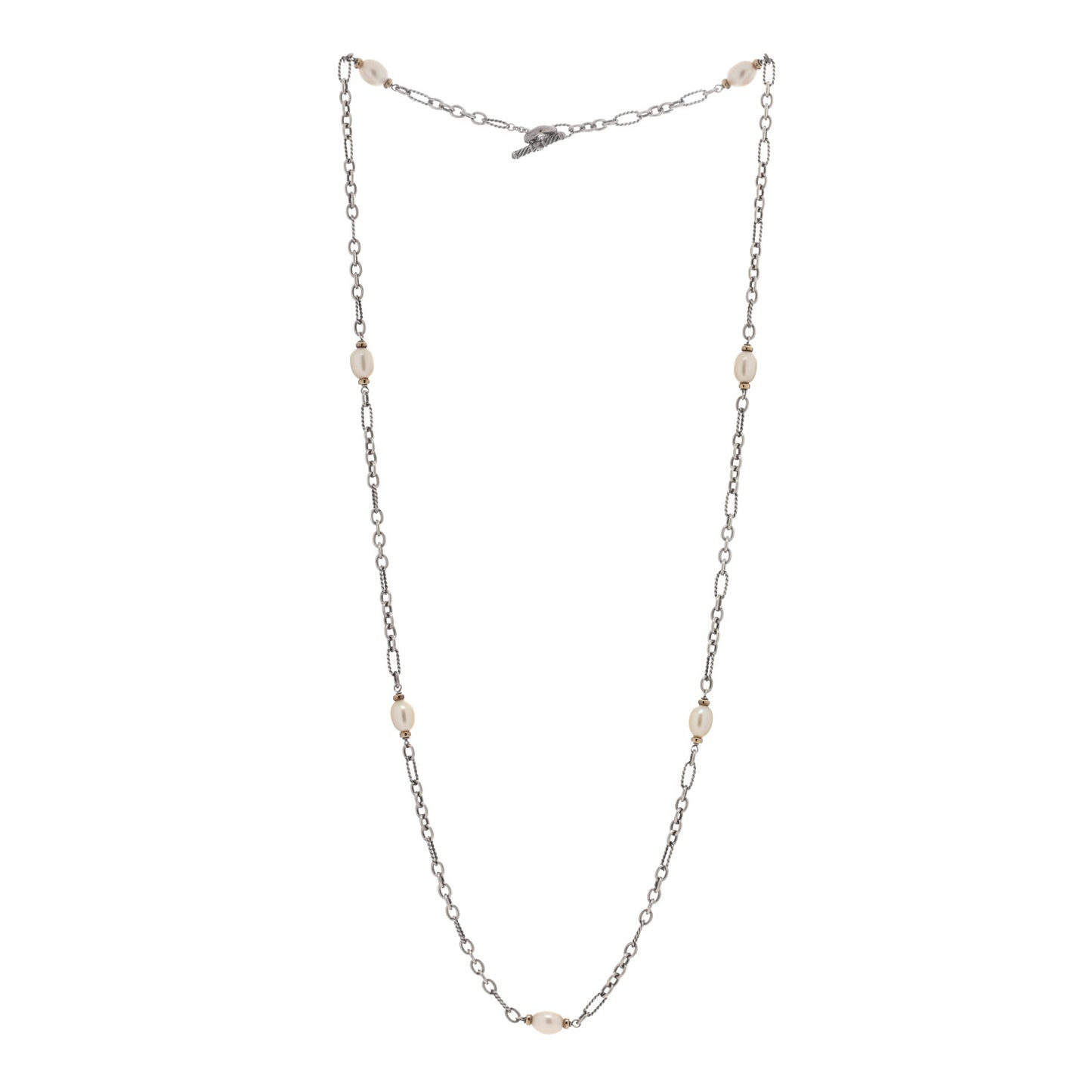 Sterling Silver 18K Yellow Gold Baroque Pearl Long Figaro Chain Necklace