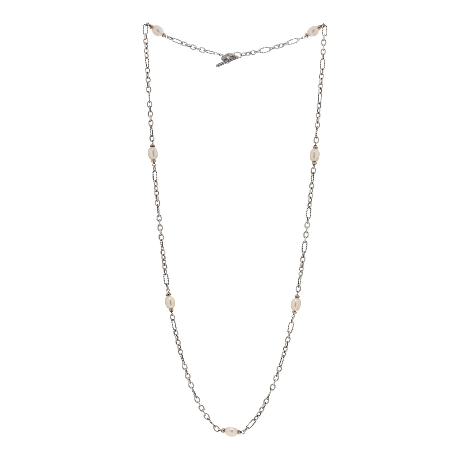 David Yurman Sterling Silver 18K Yellow Gold Baroque Pearl Long Figaro Chain Necklace 2 of 3