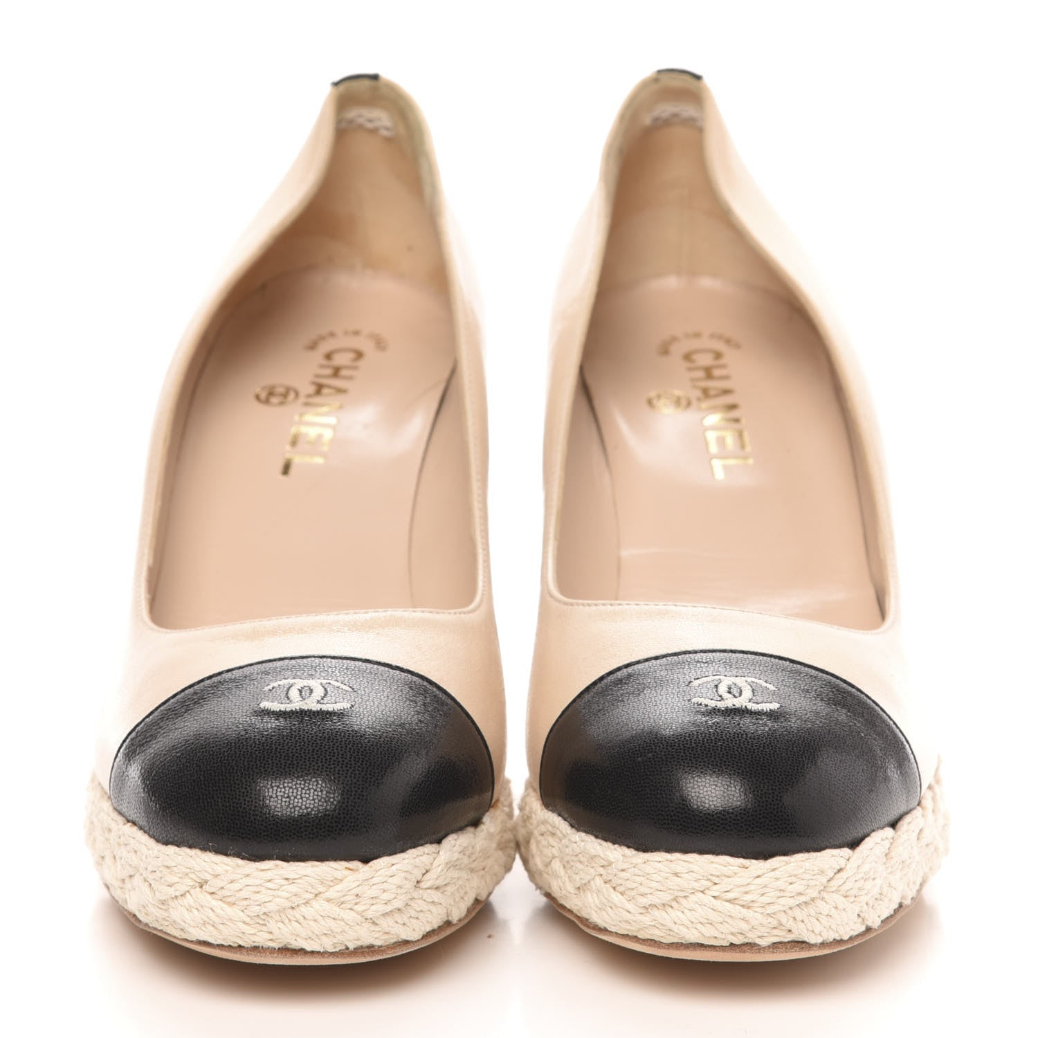 Chanel Lambskin Cap Toe CC Espadrille Wedge Pumps 41 Light Pink Black 2 of 11