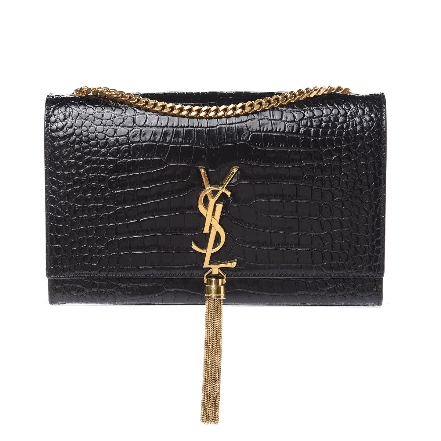 Calfskin Crocodile Embossed Medium Classic Monogram Kate Tassel Satchel Black