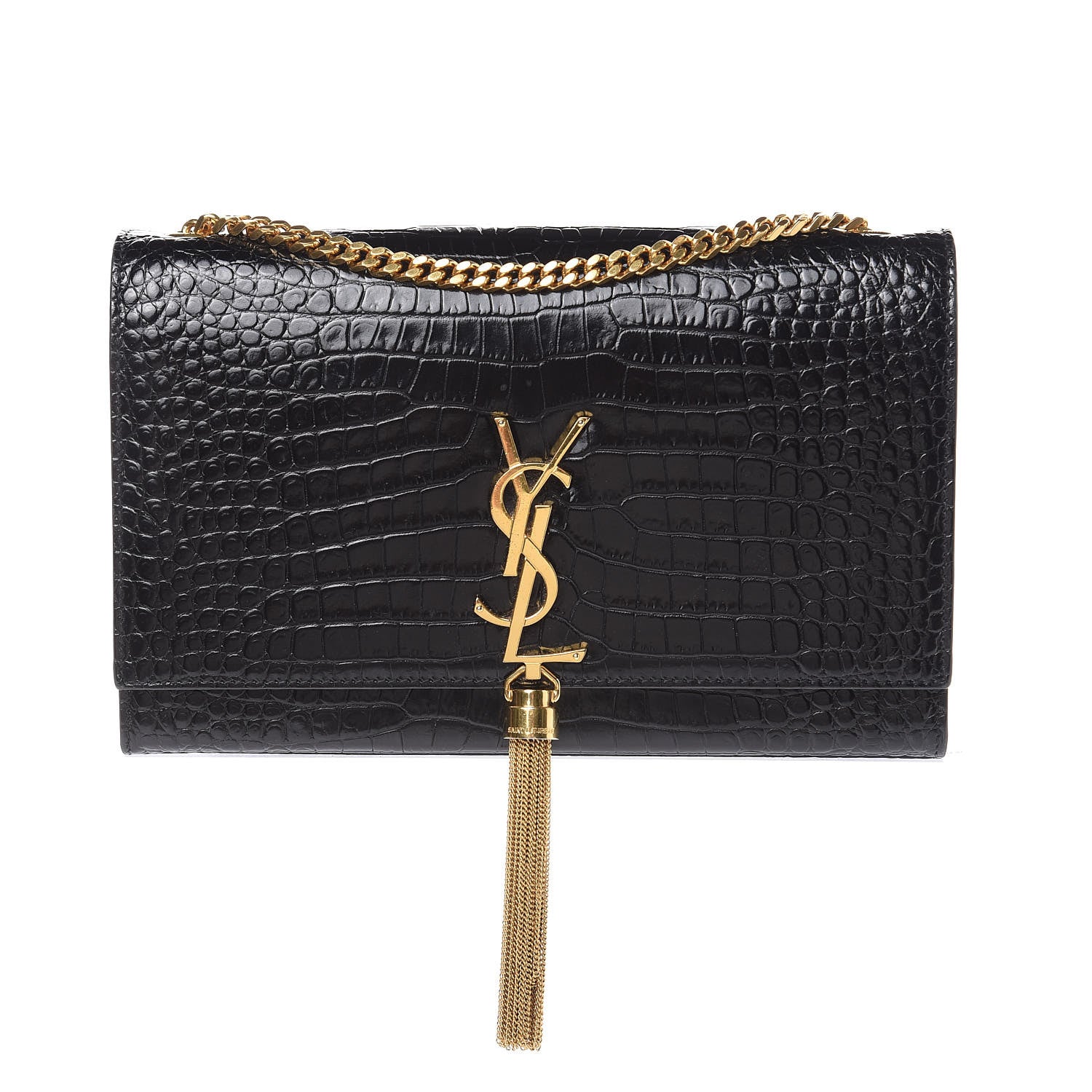 Saint Laurent Calfskin Crocodile Embossed Medium Classic Monogram Kate Tassel Satchel Black 1 of 11