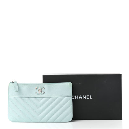 Chanel Metallic Caviar Chevron Quilted Mademoiselle Vintage Zip Pouch Light Blue 9 of 9