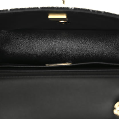 Chanel Striped Tweed Sequin Quilted Camellia Embellished Mini Rectangular Flap Ecru Black 5 of 11