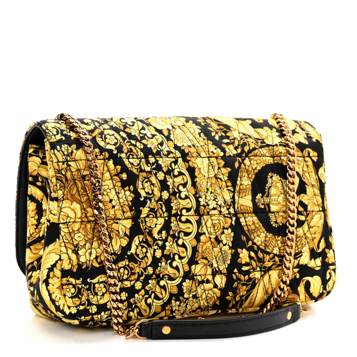 Silk Barocco Printed Quilted Virtus V Chain Flap Shoulder Bag Black Gold