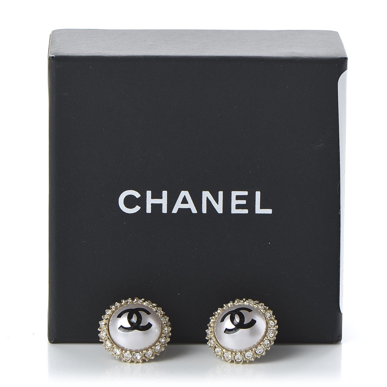 Chanel Crystal Pearl CC Round Earrings Gold Pearly White Black 5 of 5