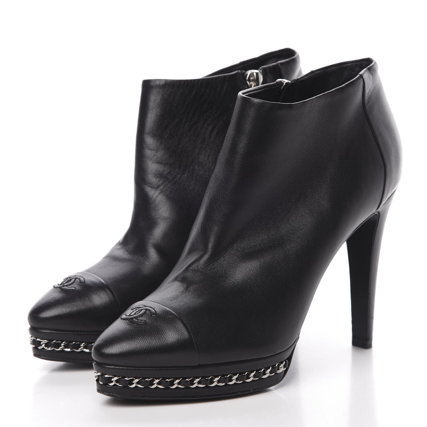 Lambskin CC Platform Cap Toe Chain Ankle Boots 38.5 Black