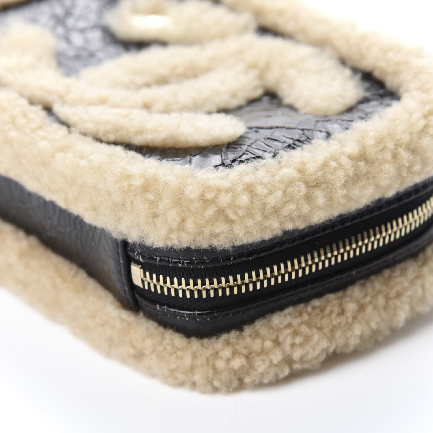 Chanel Shiny Crumpled Sheepskin Shearling Waist Bag Black Beige 7 of 11