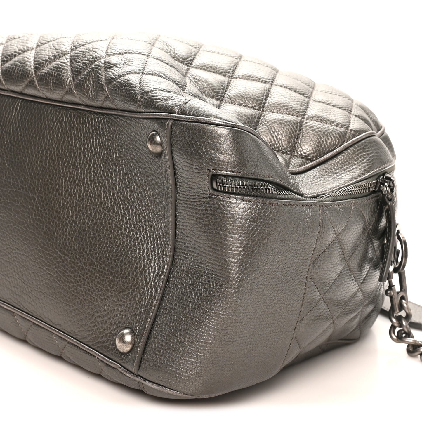 Metallic Calfskin Quilted Medium Airlines Round Trip Bowling Bag Silver