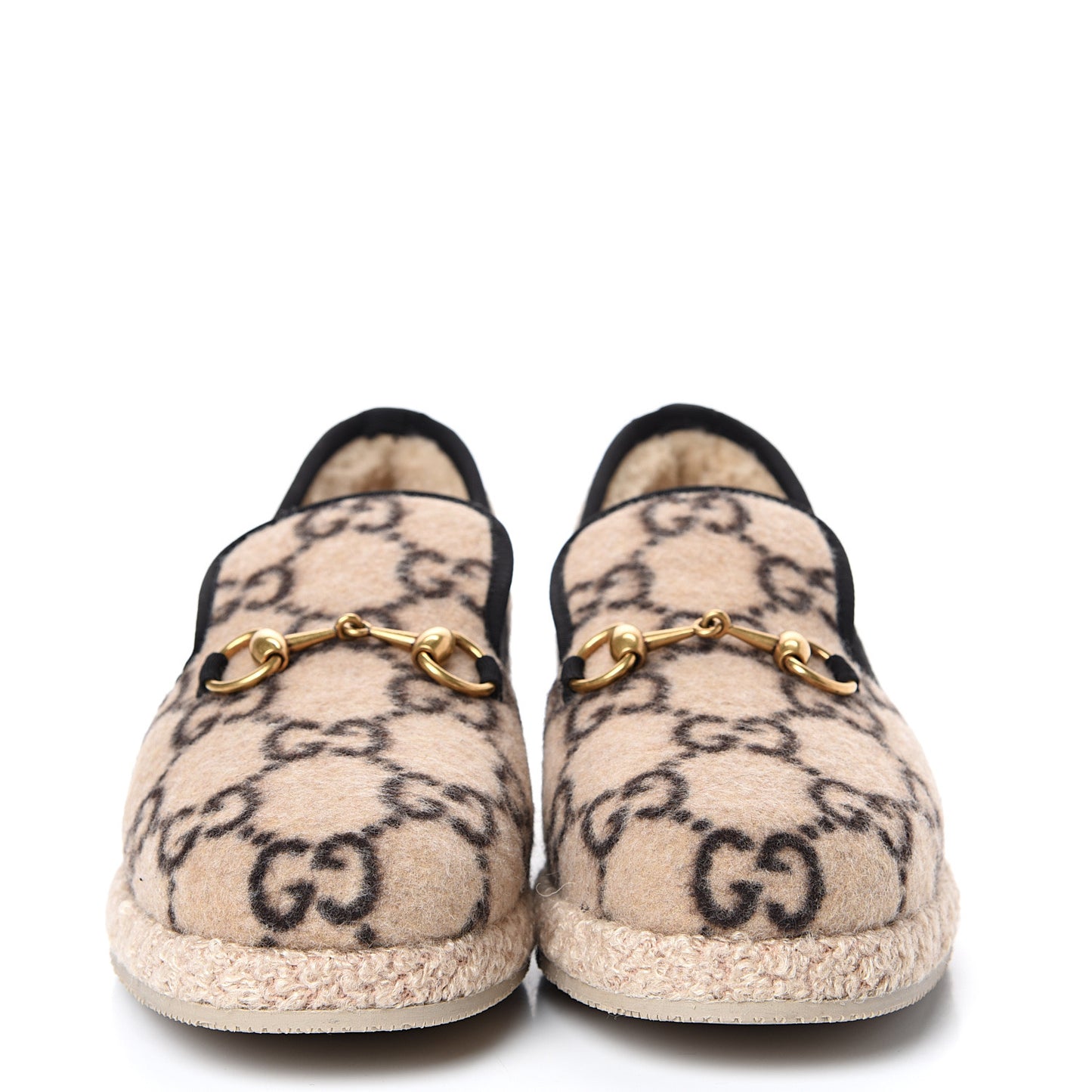 Covered Wool GG Monogram Mens Fria Horsebit Loafers 5 Beige Ebony Black Butterscotch