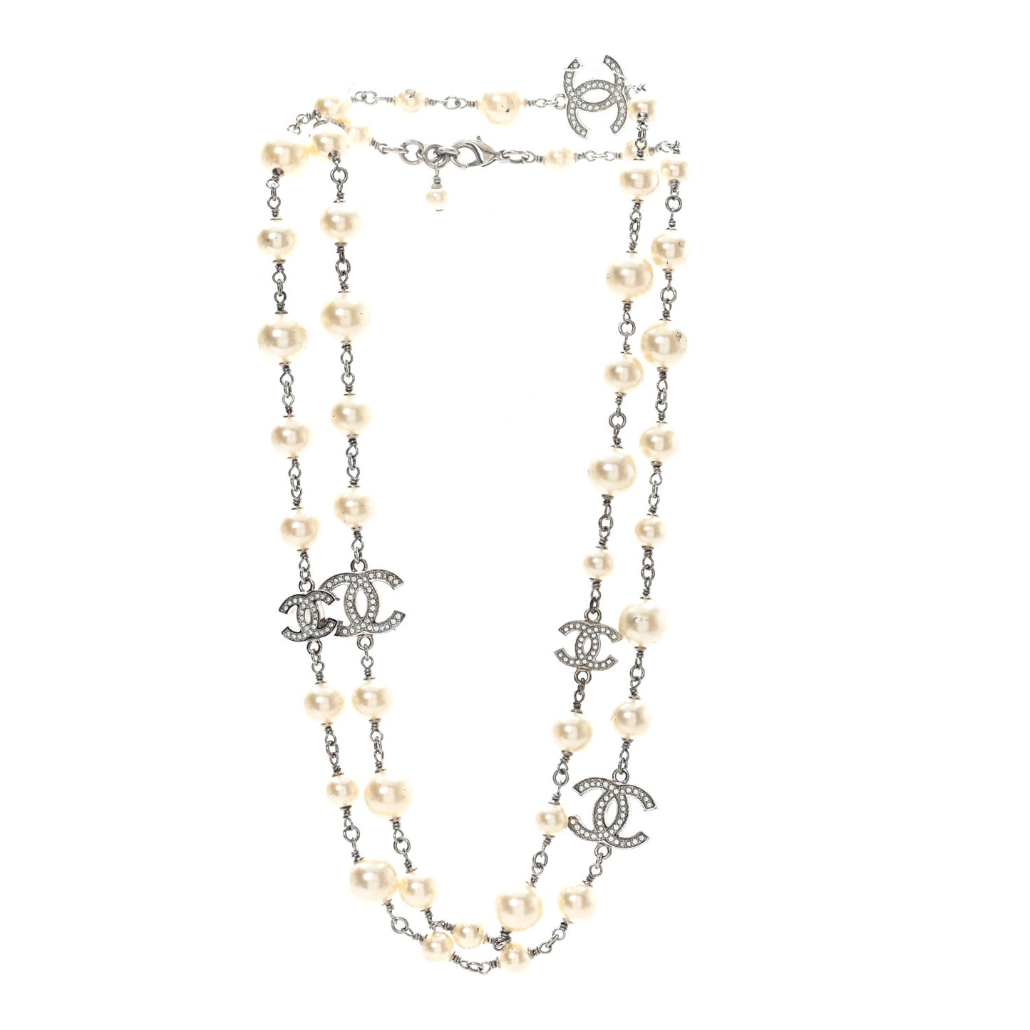 Graduated Pearl Crystal CC Long Necklace Silver