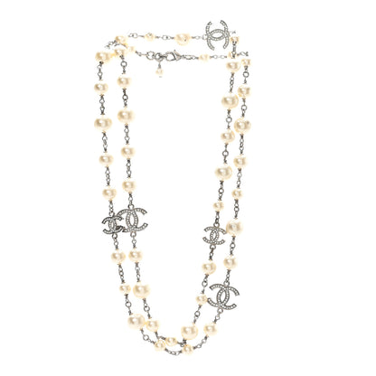 Chanel Graduated Pearl Crystal CC Long Necklace Silver 3 of 5