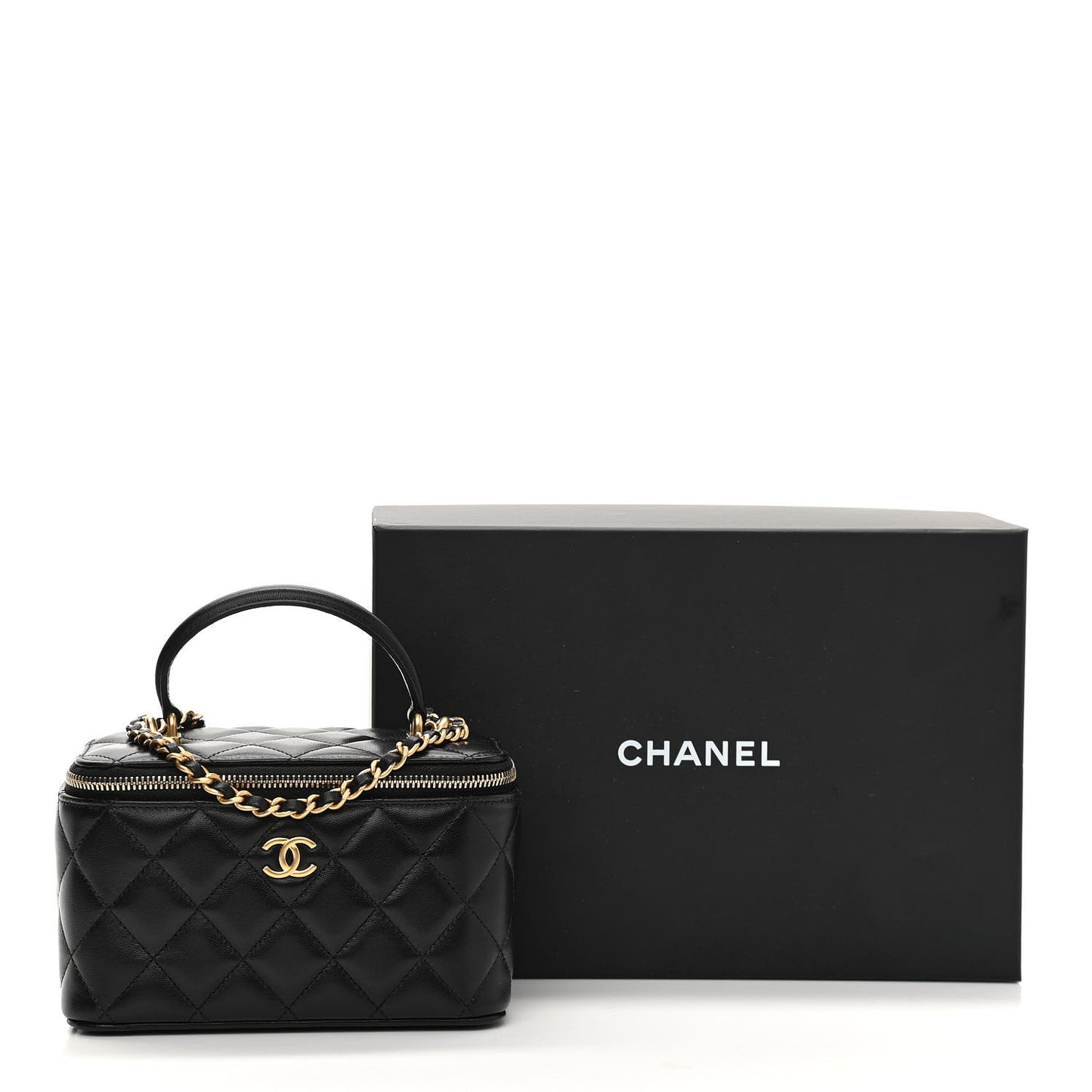 Lambskin Quilted Small Top Handle Vanity Case With Chain Black