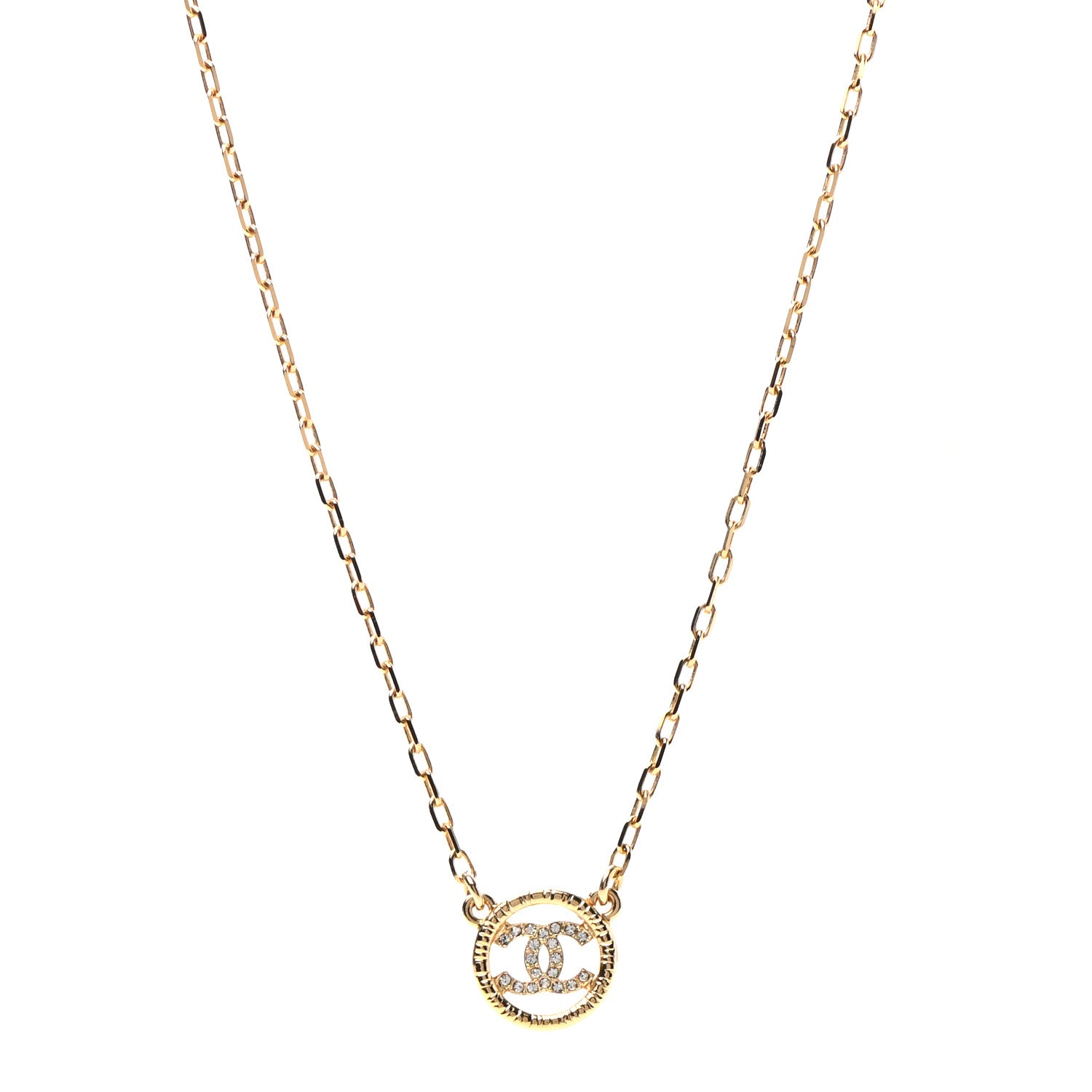 Chanel Crystal Metal CC Round Pendant Necklace Gold 1 of 7