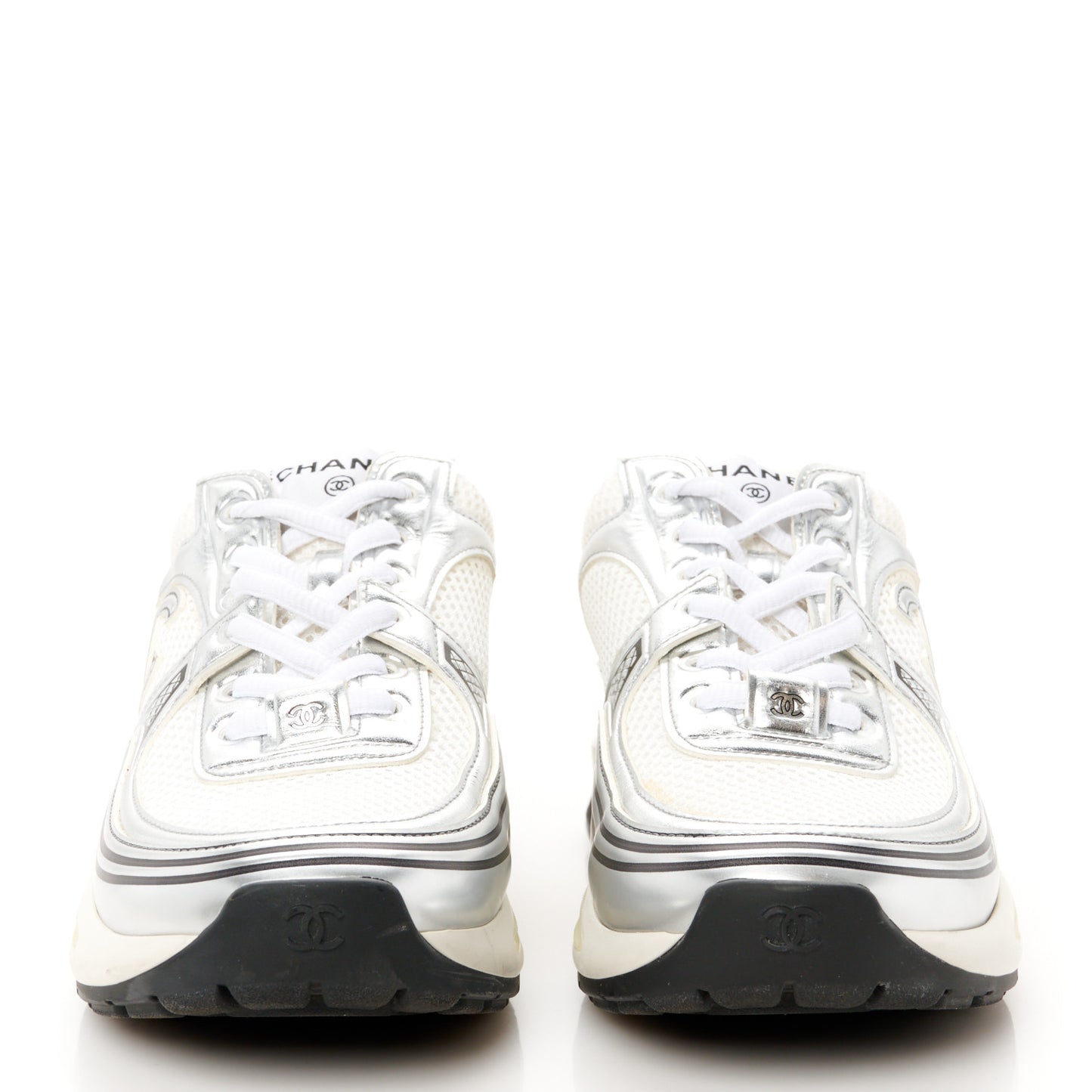 Fabric Laminated Calfskin Stretch CC Womens Sneakers 37 White Silver