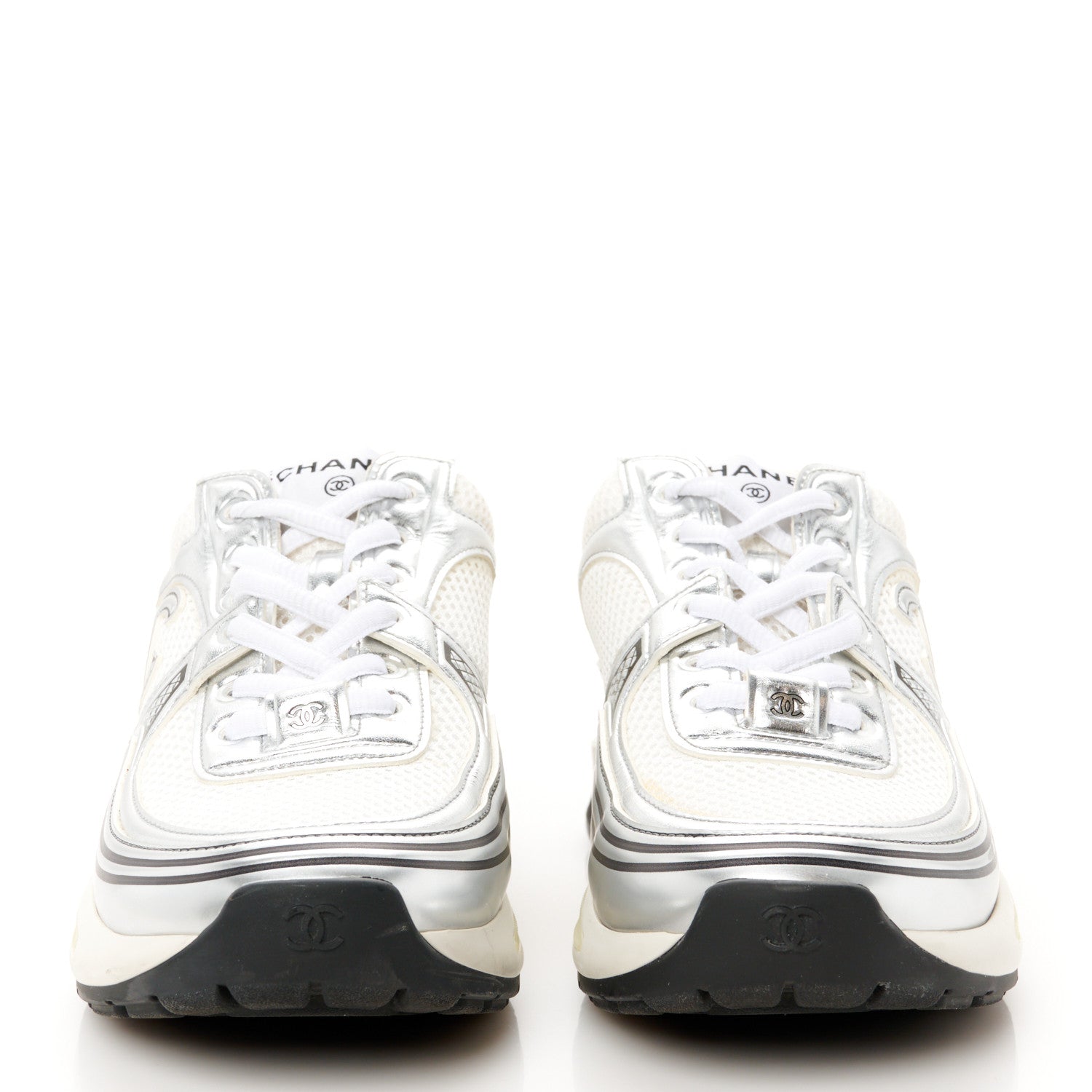 Chanel Fabric Laminated Calfskin Stretch CC Womens Sneakers 37 White Silver 3 of 9