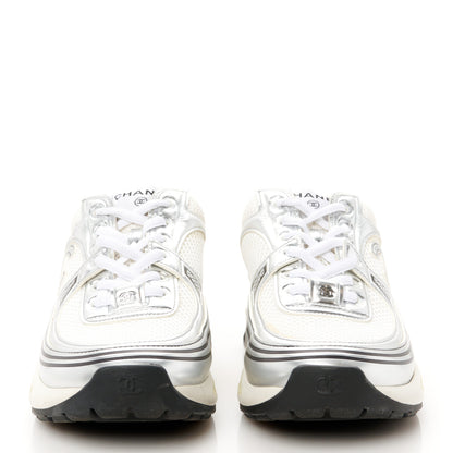 Chanel Fabric Laminated Calfskin Stretch CC Womens Sneakers 37 White Silver 3 of 9