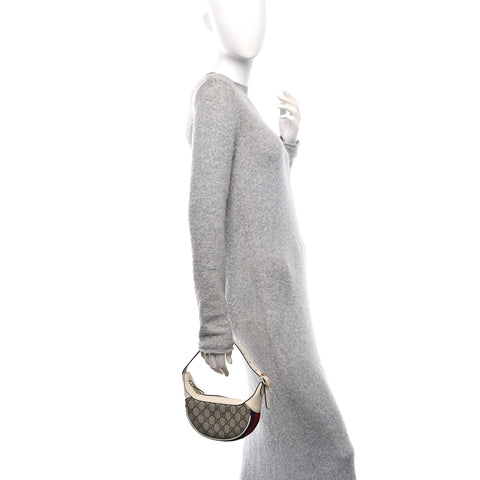 GG Supreme Monogram Textured Dollar Calfskin Web Mini Ophidia Half Moon Hobo Beige Ebony Mystic White