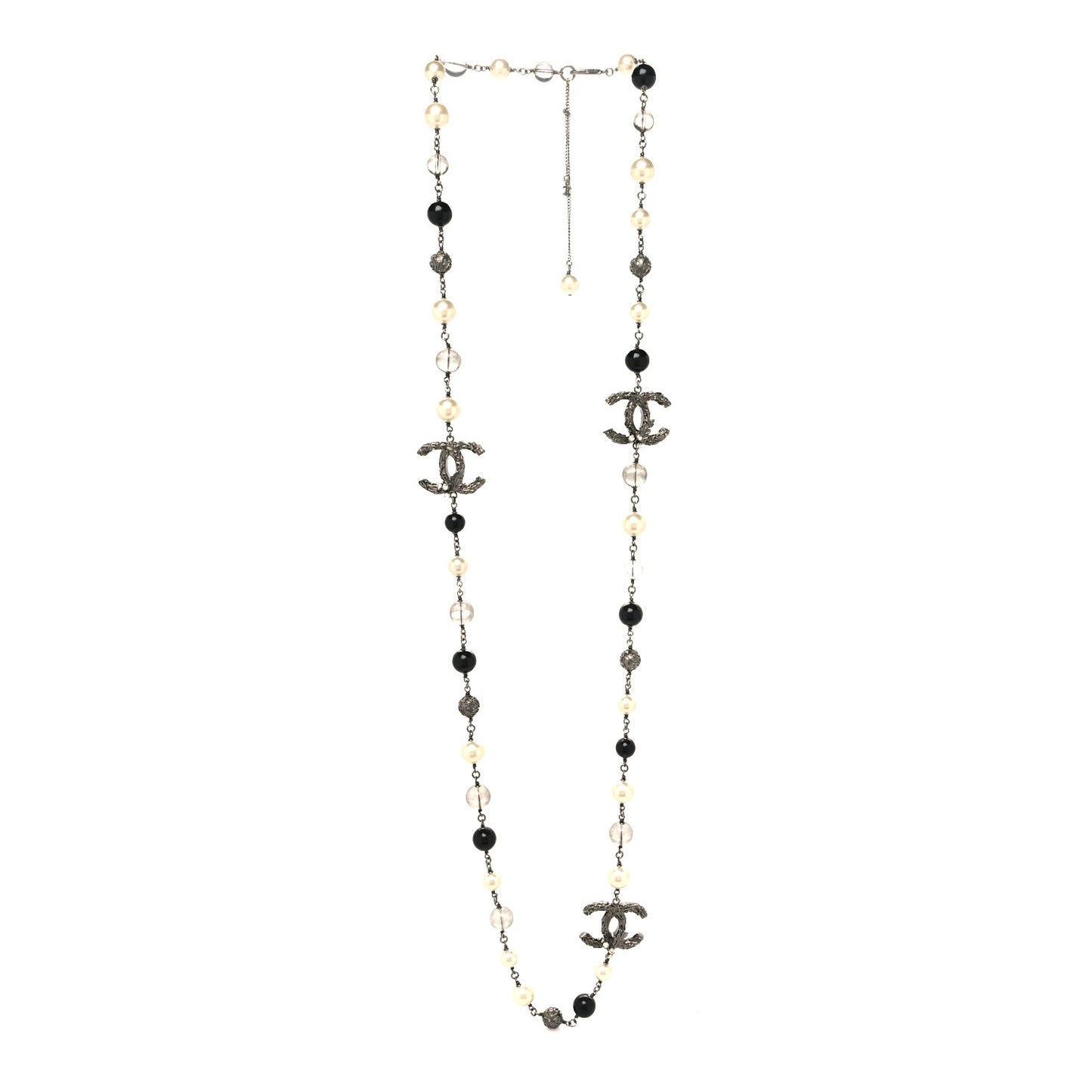Pearl Beaded CC Long Necklace Silver Black