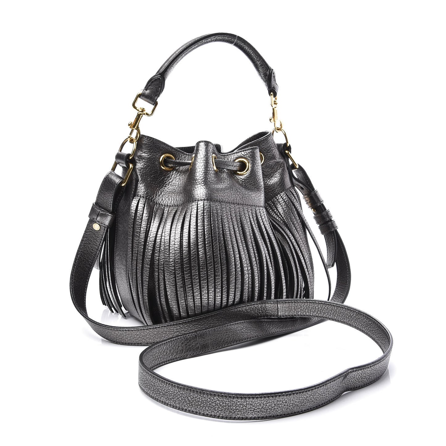 Metallic Goatskin Small Emmanuelle Fringe Bucket Bag Pewter