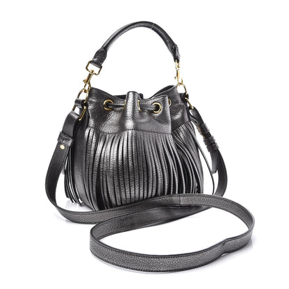 Saint Laurent Metallic Goatskin Small Emmanuelle Fringe Bucket Bag Pewter 2 of 13