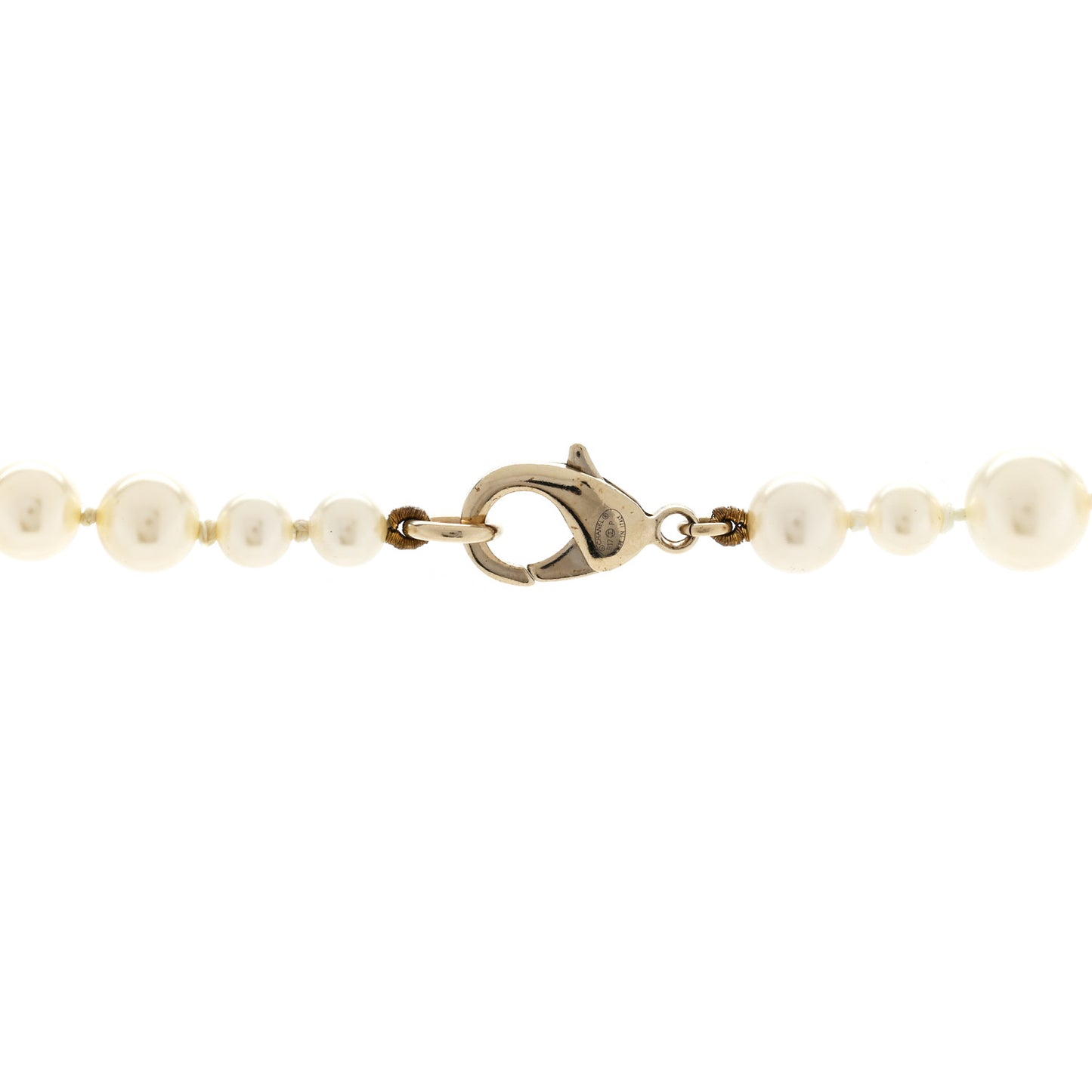 Resin Pearl Metal CC Long Necklace Golden Pearly Beige